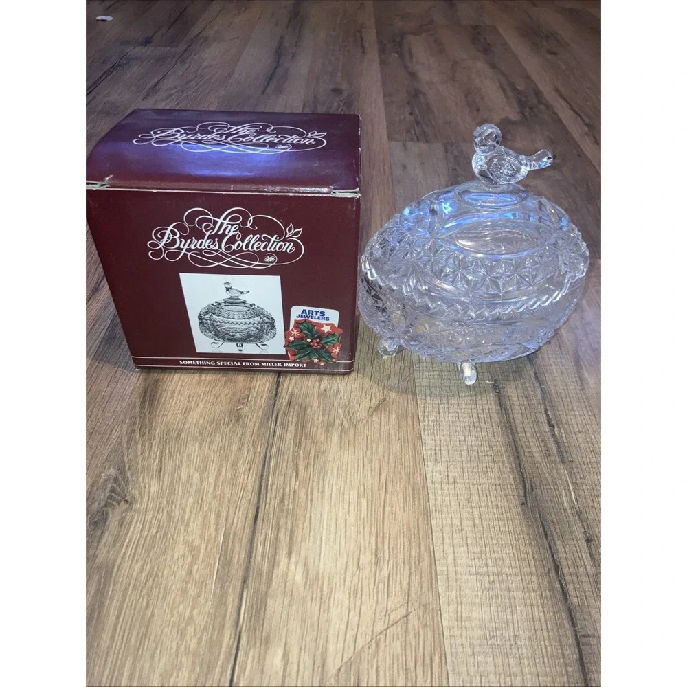 Hofbauer‎ Byrdes Crystal Covered Candy Dish Compote Footed Bird Pattern Germany